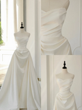 Timeless Bridal Gown Ball Gown Strapless Satin Pleated Sleeveless Long White Wedding Dresses Elegant Bridal Gowns HZ1214