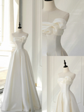 Timeless Bridal Gown A line Strapless Satin White Wedding Dresses Elegant Bridal Gowns HZ1214