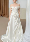 Timeless Bridal Gown A Line Off The Shoulder Satin Short Sleeves Wedding Dresses Elegant Bridal Gowns HZ1214