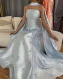 Elegant Mermaid Strapless Light Sky Blue Satin Long Prom Dresses Party Dress Summer 20th Birthday Outfits 18th Birthday Dresses HZ1214