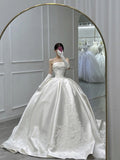 Timeless Bridal Gown Ball Gown Strapless White Sleeveless Satin Long Wedding Dresses Elegant Bridal Gowns HZ1214