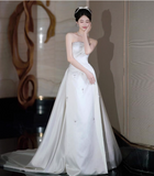 Timeless Bridal Gown Sheath Strapless Satin Sleeveless White Wedding Dresses Elegant Bridal Gowns HZ1214