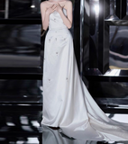 Timeless Bridal Gown Sheath Strapless Satin Sleeveless White Wedding Dresses Elegant Bridal Gowns HZ1214