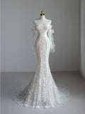 Simple Bridal Gown Mermaid Off The Shoulder White Long Sleeves Lace Wedding Dresses Elegant Bridal Gowns HZ1214