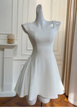 Cute A line Square Neck Short White Formal 8th Grade Homecoming Dresses Summer Middle School Hoco Dress Homecoming Outfits HZ1214