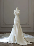 Unique Bridal Gown Mermaid Off The Shoulder Satin Short Sleeves Pleated Wedding Dresses Modest Bridal Gowns HZ1214