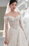 Timeless Bridal Gown Ball Gown Off The Shoulder White Lace Appliques Long Sleeves Wedding Dresses Elegant Bridal Gowns HZ1214