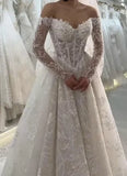 Timeless Bridal Gown Ball Gown Off The Shoulder White Lace Appliques Long Sleeves Wedding Dresses Elegant Bridal Gowns HZ1214