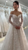 Timeless Bridal Gown Ball Gown Off The Shoulder White Lace Appliques Long Sleeves Wedding Dresses Elegant Bridal Gowns HZ1214