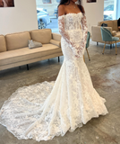 Timeless Bridal Gown Mermaid Off The Shoulder White Lace Long Sleeves Wedding Dresses Elegant Bridal Gowns HZ1214