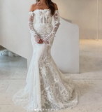 Timeless Bridal Gown Mermaid Off The Shoulder White Lace Long Sleeves Wedding Dresses Elegant Bridal Gowns HZ1214