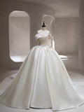 Timeless Bridal Gown Ball Gown Off The Shoulder White Satin Long Pleated Wedding Dresses Elegant Bridal Gowns HZ1214