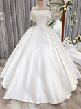 Timeless Bridal Gown Ball Gown Off The Shoulder White Satin Long Pleated Silver Beads Wedding Dresses Elegant Bridal Gowns HZ1214