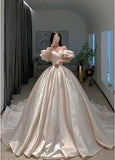Timeless Bridal Gown Ball Gown Off The Shoulder Light Pink Long Pleated Satin Wedding Dresses Elegant Bridal Gowns HZ1214