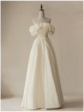 Timeless Bridal Gown A line Off The Shoulder White Long Pleated Satin Wedding Dresses Elegant Bridal Gowns HZ1214