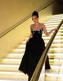 Elegant A line Sweetheart Black Satin Long Prom Dresses Party Dress Summer 20th Birthday Outfits 18th Birthday Dresses HZ1214