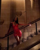 Pretty Sheath Spaghetti Straps Sleeveless Red Sequin Short Mini Formal 8th Grade Homecoming Dresses Summer Middle School Hoco Dress Homecoming Outfits HZ1214