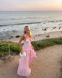 Elegant A Line Spaghetti Straps Pink Chiffon Long Prom Dresses Party Dress Summer 20th Birthday Outfits 18th Birthday Dresses HZ1214