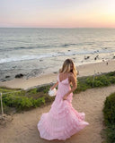 Elegant A Line Spaghetti Straps Pink Chiffon Long Prom Dresses Party Dress Summer 20th Birthday Outfits 18th Birthday Dresses HZ1214