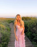 Elegant A Line Spaghetti Straps Pink Chiffon Long Prom Dresses Party Dress Summer 20th Birthday Outfits 18th Birthday Dresses HZ1214