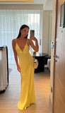 Elegant A Line Spaghetti Straps Satin Yellow Long Prom Dresses Party Dress Summer 20th Birthday Outfits 18th Birthday Dresses HZ1214
