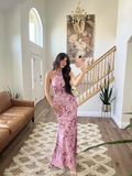 Niulatu Halter Pink Satin Print Long Prom Dress Evening Dress HZ1007