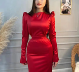 Niulatu Red Long Sleeves Evening Dress Simple Red Prom Dress HZ1007