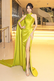 Niulatu Green Halter Satin Slit Mermaid Prom Dress Long Evening Dress HZ1007