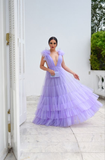 Niulatu Deep V Neck Tulle Prom Dress Lavender Evening Dress HZ1007