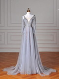 Niulatu Blue V Neck Sequins Beaded Tulle Prom Dress A Line Backless Evening Dress HZ1007