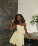 Cute A line Yellow Strapless Short Summer Birthday Dress Hoco Dress Birthday Outfit 19th Birthday Mini Party Dresses HZ1214