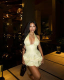 Cute A line Yellow Halter Satin Short Summer Birthday Dress Hoco Dress Birthday Outfit 18th Birthday Mini Party Dresses HZ1214