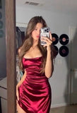 Cute Sheath Burgundy Satin Short Summer Birthday Dress Hoco Dress Birthday Outfit 19th Birthday Mini Party Dresses HZ1214