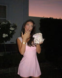 Cute A line Square Neckline Pink Short Summer Birthday Dress Hoco Dress Birthday Outfit 18th Birthday Mini Party Dresses HZ1214