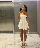 Sexy A Line Strapless White Satin Short Summer Birthday Dress Hoco Dress Birthday Outfit 18th Birthday Mini Party Dresses HZ1214