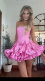 Sexy Ball Gown Strapless Pink Satin Short Summer Birthday Dress Hoco Dress Birthday Outfit 18th Birthday Mini Party Dresses HZ1214