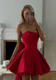 Sexy A line Strapless Red Satin Short Summer Birthday Dress Hoco Dress Birthday Outfit 18th Birthday Mini Party Dresses HZ1214