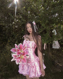 Sexy A Line Spaghetti Straps Floral Pink Satin Short Summer Birthday Dress Hoco Dress Birthday Outfit 18th Birthday Mini Party Dresses HZ1214