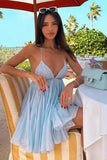 Sexy A line Spaghetti Straps Blue Backless Short Summer Birthday Dress Hoco Dress Birthday Outfit 18th Birthday Mini Party Dresses HZ1214