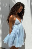 Sexy A line Spaghetti Straps Blue Backless Short Summer Birthday Dress Hoco Dress Birthday Outfit 18th Birthday Mini Party Dresses HZ1214