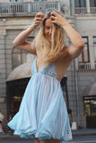 Sexy A line Spaghetti Straps Blue Backless Short Summer Birthday Dress Hoco Dress Birthday Outfit 18th Birthday Mini Party Dresses HZ1214