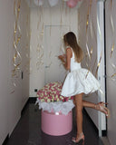 Cute A Line Square Neckline White Satin Short Summer Birthday Dress Hoco Dress Birthday Outfit 18th Birthday Mini Party Dresses HZ1214