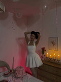 Pretty A line Halter White Satin Short Summer Birthday Dress Hoco Dress Birthday Outfit 19th Birthday Mini Party Dresses HZ1214