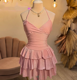 Cute A line Spaghetti Straps Sequin Pink Short Summer Birthday Dress Hoco Dress Birthday Outfit 21st Birthday Mini Party Dresses HZ1214