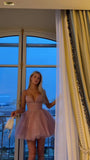 Cute Ball Gown Spaghetti Straps Pink Short Summer Birthday Dress Hoco Dress Birthday Outfit 19th Birthday Mini Cocktail Dresses HZ1214