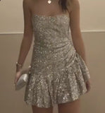 Cute A line Strapless Sequin Silver Short Summer Birthday Dress Hoco Dress Birthday Outfit 21st Birthday Mini Party Dresses HZ1214