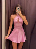 Pretty A line Halter Pink Satin Short Summer Birthday Dress Hoco Dress Birthday Outfit 19th Birthday Mini Cocktail Dresses HZ1214
