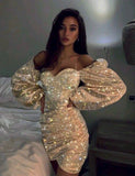 Pretty Sheath Off The Shoulder Gold Sequin Summer Birthday Dress Hoco Dress Birthday Outfit 19th Birthday Mini Cocktail Dresses HZ1214