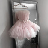Cute Ball Gown Strapless Tulle Pink Short Summer 20th Birthday Dress Hoco Dress Birthday Outfit 18th Birthday Mini Party Dresses HZ1214