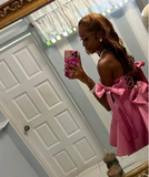 Pretty A line Off The Shoulder Pink Satin Summer Birthday Dress Hoco Dress Birthday Outfit 19th Birthday Mini Cocktail Dresses HZ1214
